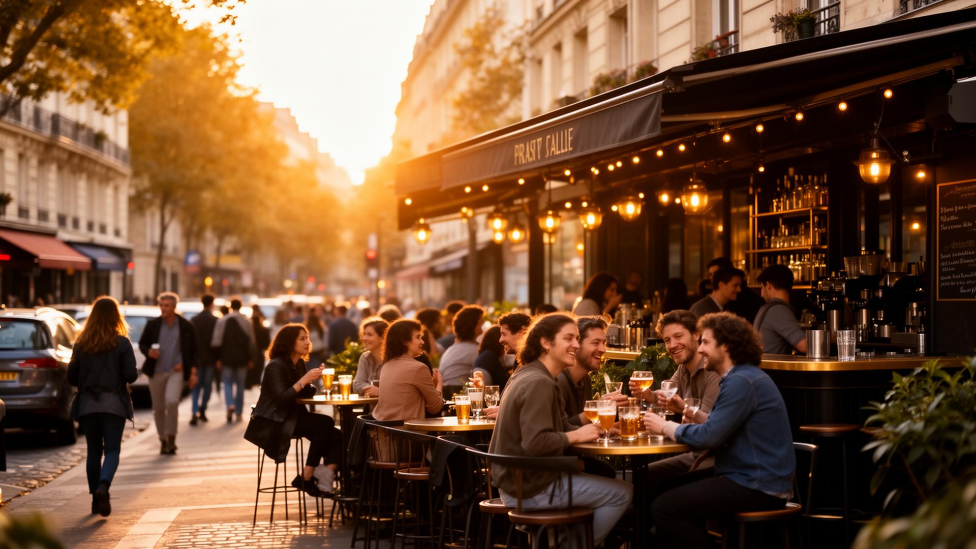 Terrasse animée en ville au coucher du soleil